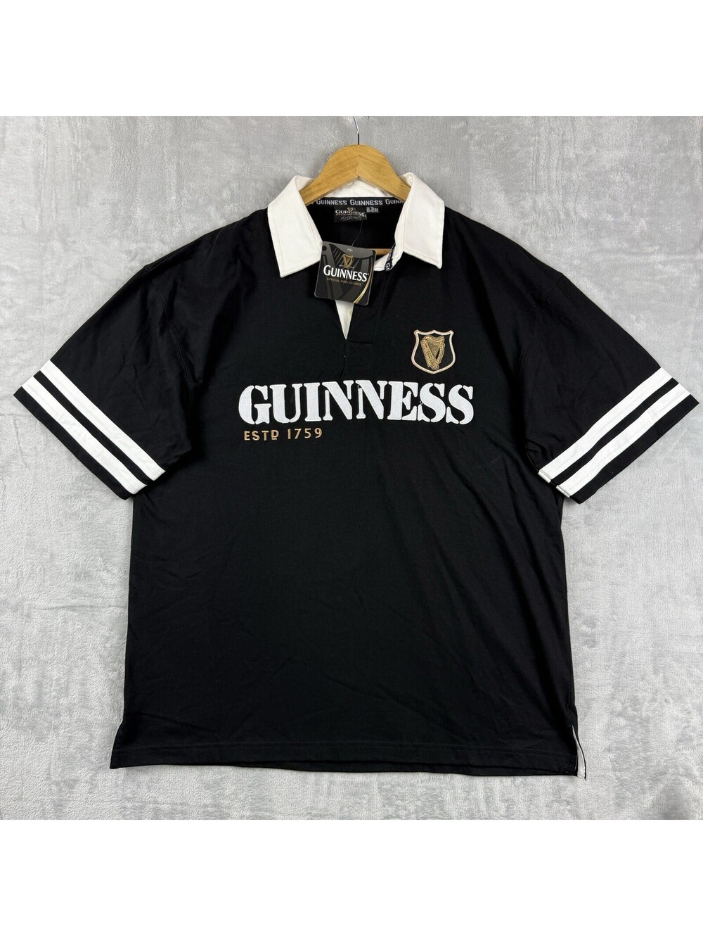 Guinness Official Merchandise Men XL Black Rugby Polo Shirt Embroidered Harp NWT